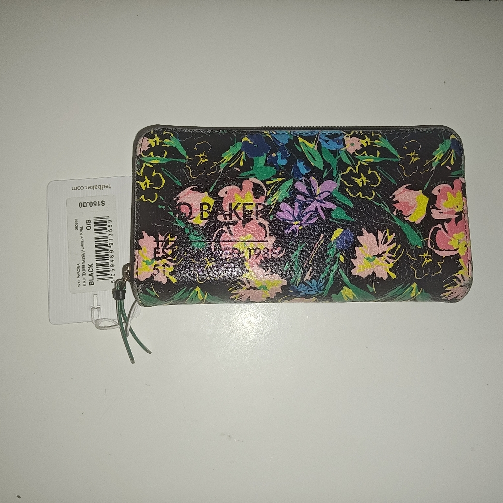 Ted Baker Black Floral Zip-Around Wallet with Pink, Purple & Green